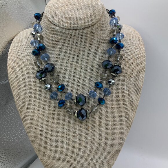 Trifari Crown Double Stranded Glass Aurora Beaded Crystal Gun Metal Necklace - Picture 2 of 8